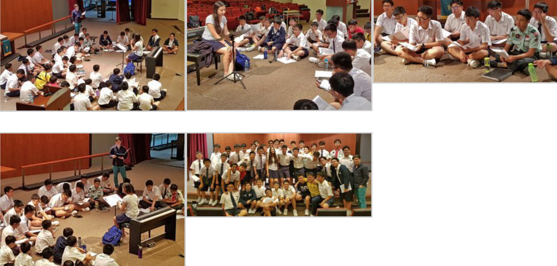 Five photos of uniformed students sitting in circles on a hall floor during group sessions, ending with a group photo.